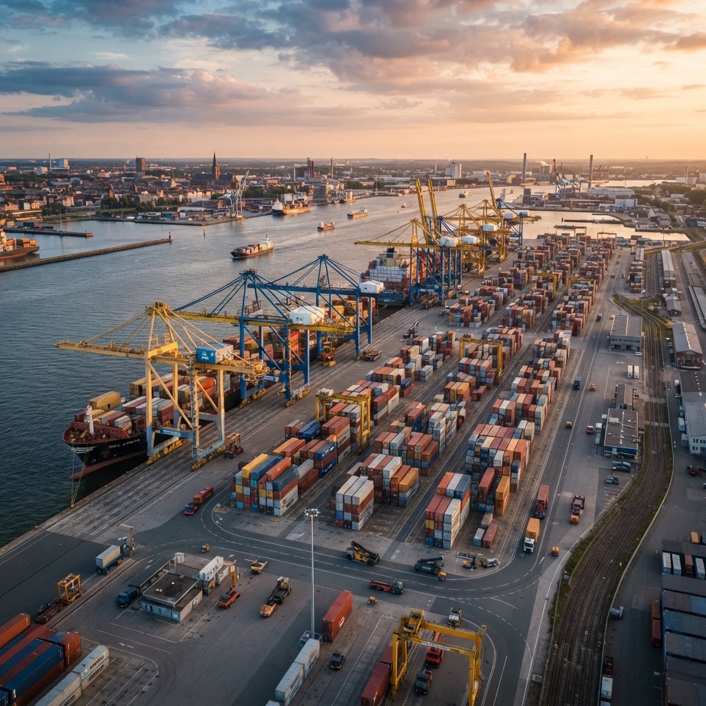 Industriehafen mit Kränen — europäische Logistik