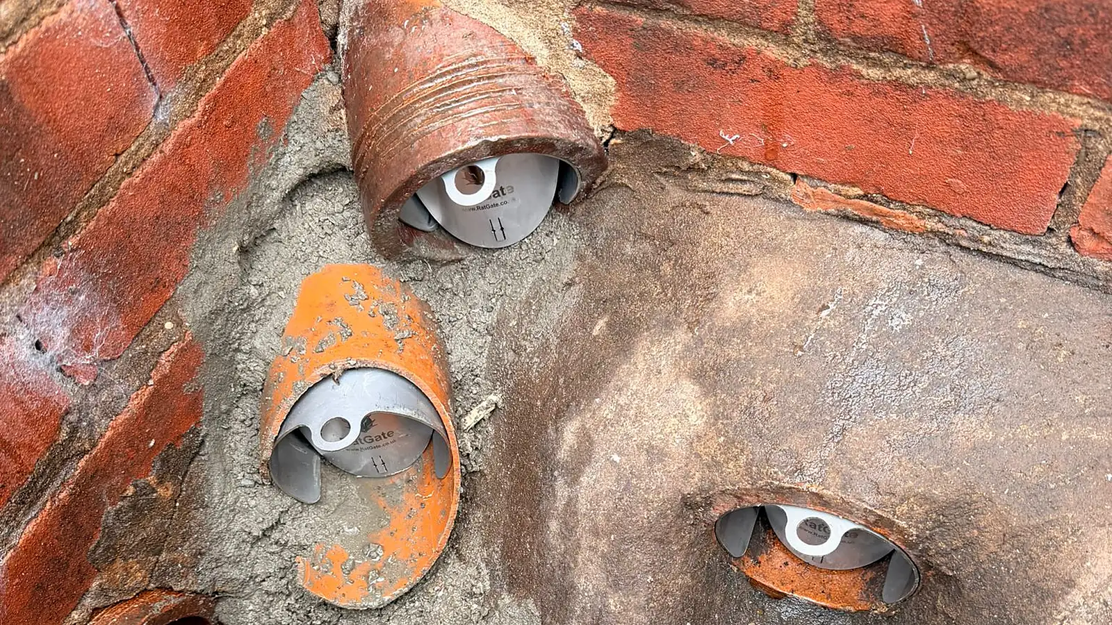 Three RatGate stainless steel rat blockers fitted into clay pipe openings in a domestic drainage inspection chamber