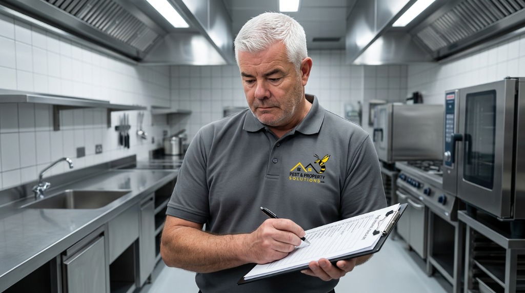 Pest & Property Solutions technician completing a commercial pest inspection checklist in a commercial kitchen