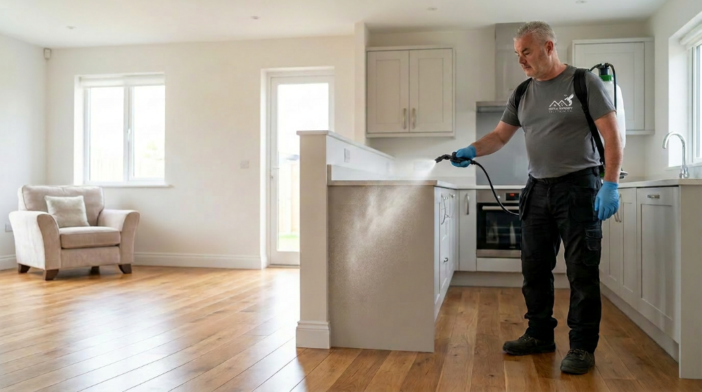 Pest & Property Solutions disinfection services, technician applying professional mist treatment to a kitchen in South Wales