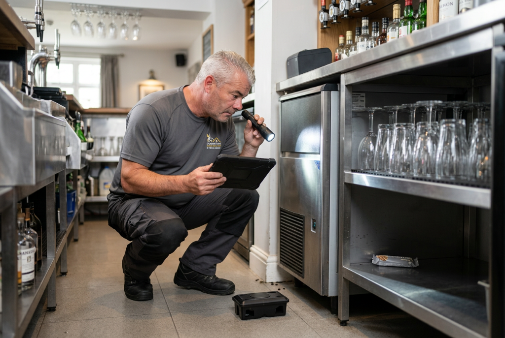 Pest control technician inspecting a commercial bar