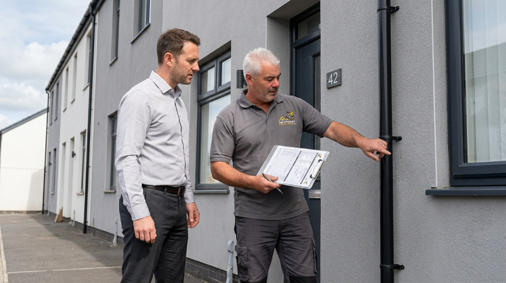 Pest & Property Solutions technician and landlord completing external pest inspection at a South Wales property