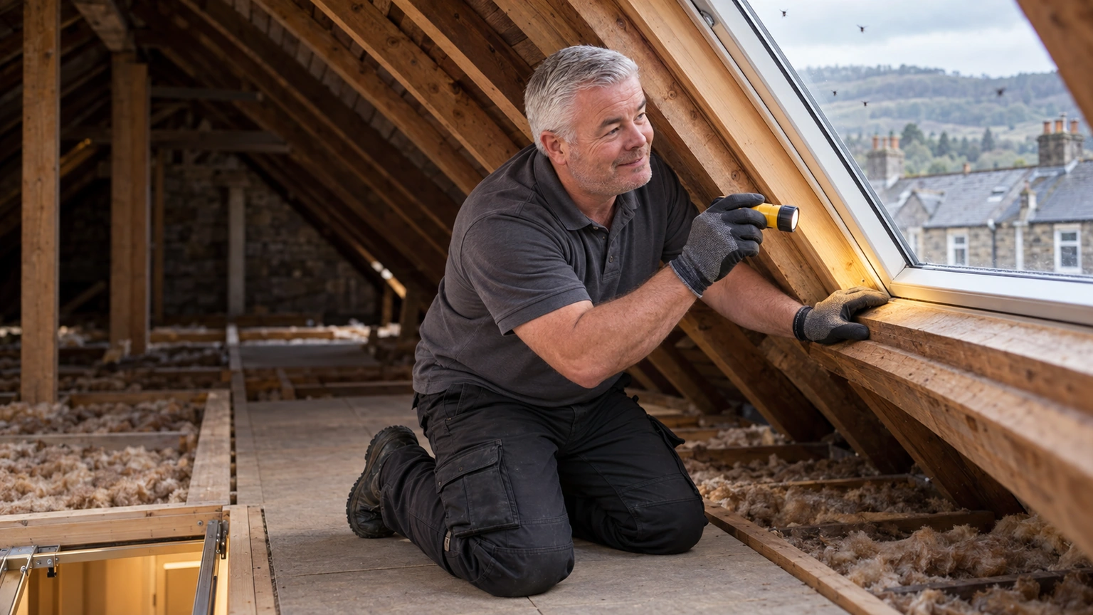 Pest & Property technician inspecting a loft window for cluster flies in a South Wales home