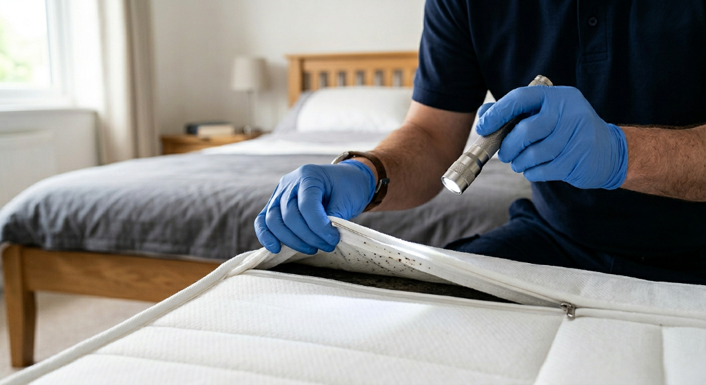 Bed bug dark faecal spots on white mattress showing infestation signs