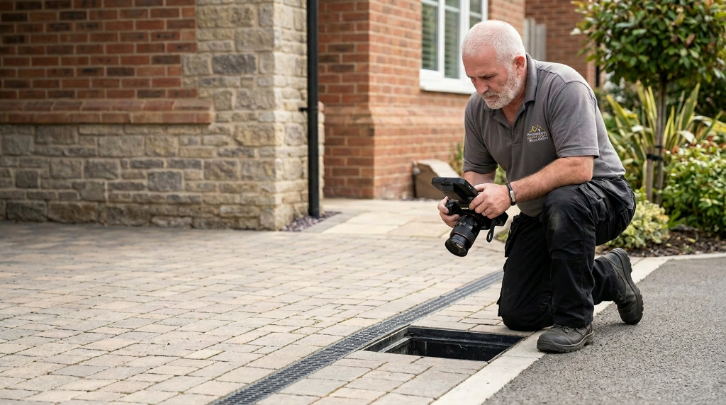 Pest & Property Solutions drain rat protection, technician inspecting drainage with CCTV survey equipment in South Wales