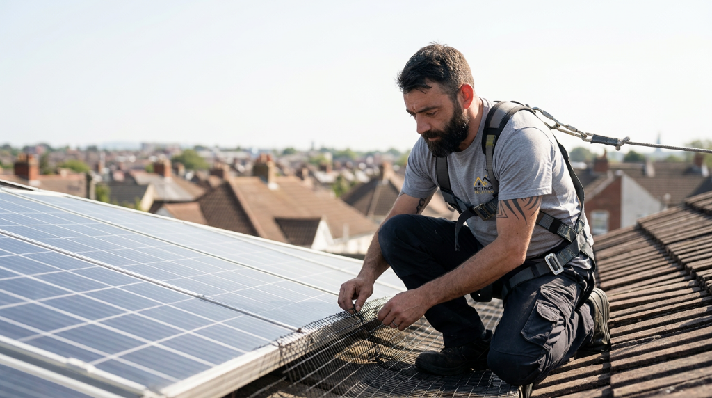 [Sion Jenkins installing solar panel mesh or bird proofing work]