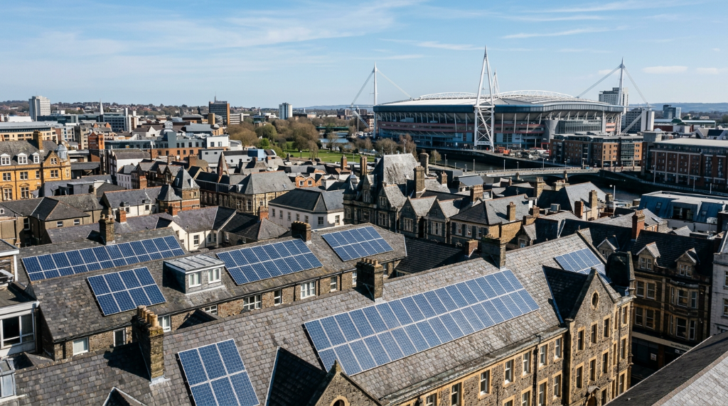 [Cardiff local area shot, for example city centre, bay or terraced streets]