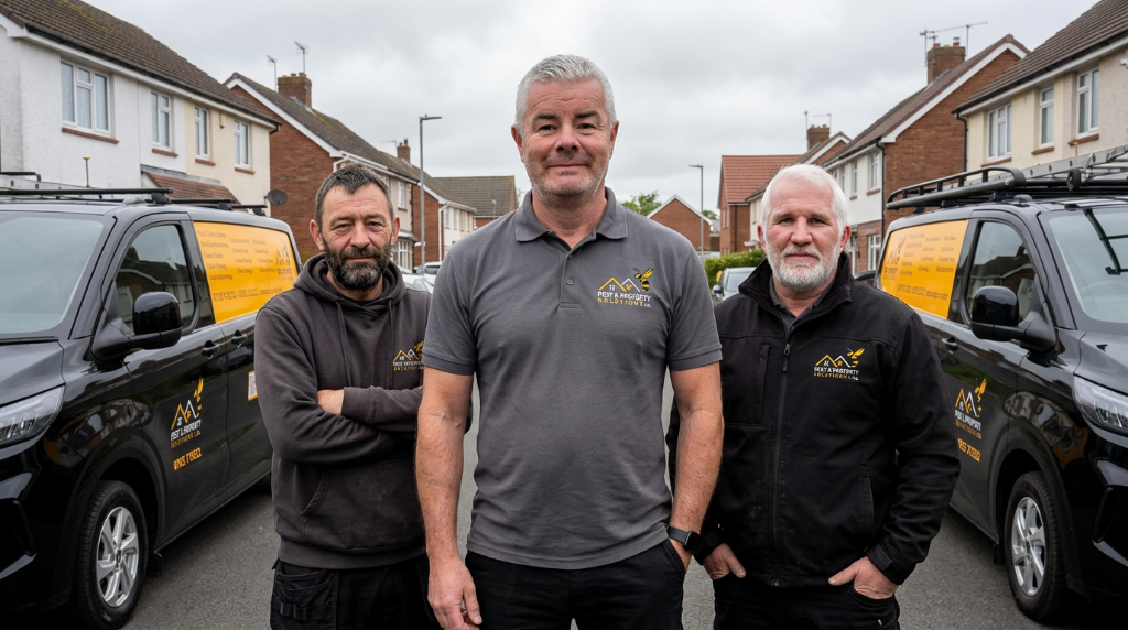 The Pest & Property Solutions team standing between branded company vans