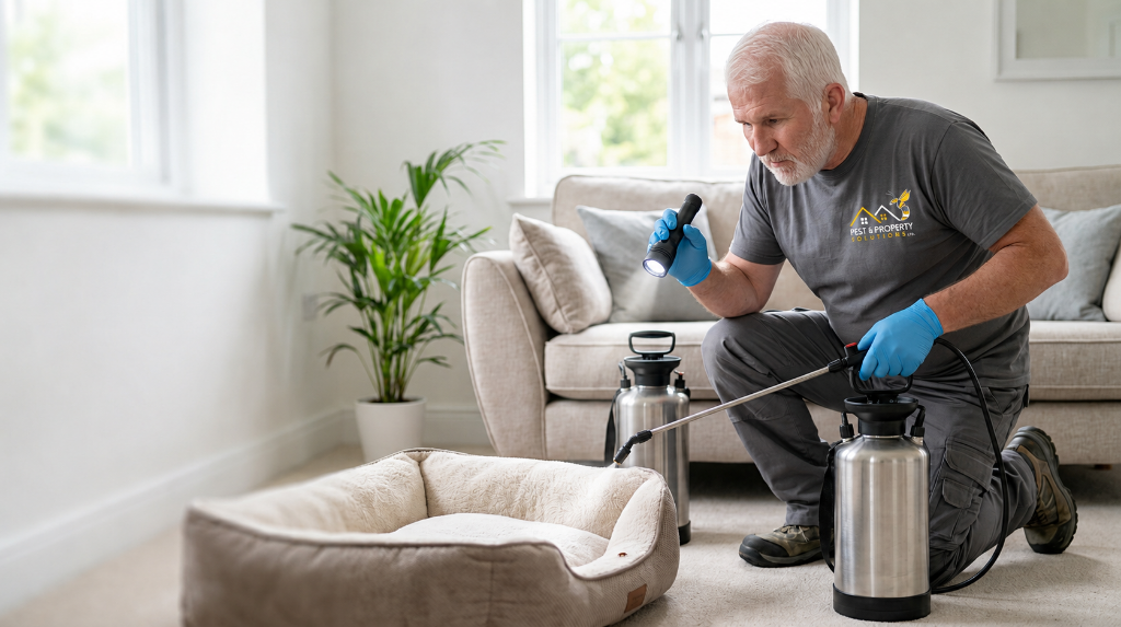 Pest & Property Solutions flea treatment, technician treating pet bedding with professional sprayer in South Wales