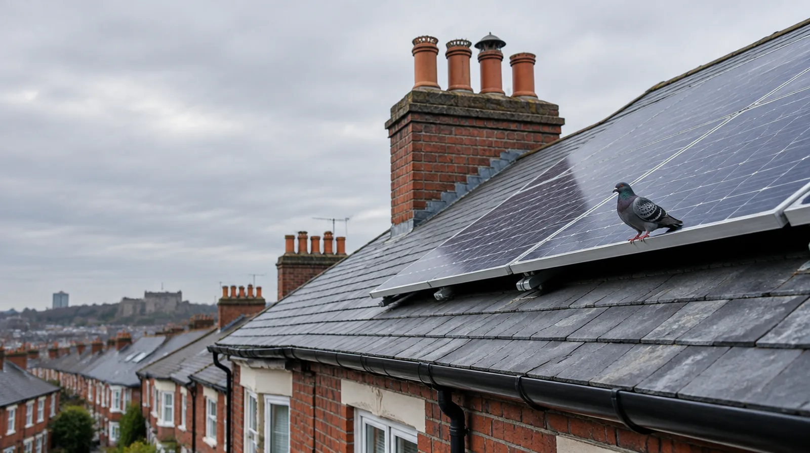 Pigeons under solar panels on a Cardiff rooftop