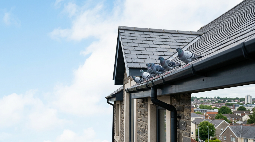 Pigeons perched on a building gutter in South Wales, Pest & Property bird control and proofing