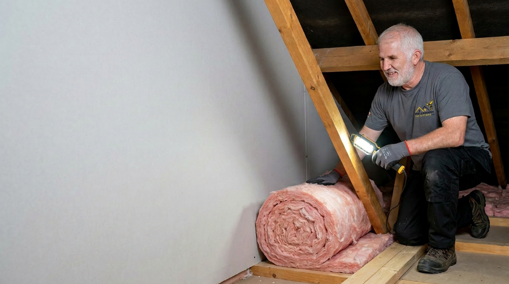 Pest & Property Solutions loft cleaning & decontamination, technician inspecting insulation in a South Wales attic