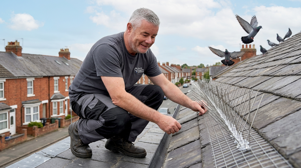 Pest & Property technician installing bird spikes on a roof to proof against pigeons in South Wales