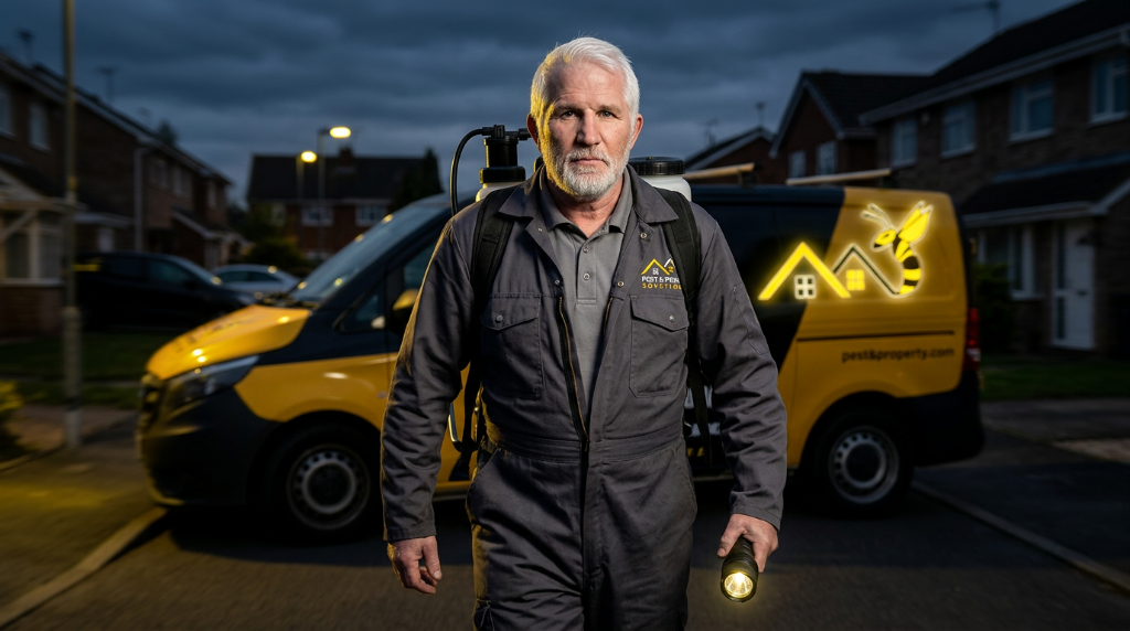 Pest & Property Solutions technician arriving for an emergency pest control call at night