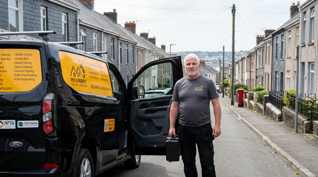 [Steve Strawbridge on-site at a job in Swansea, branded uniform]