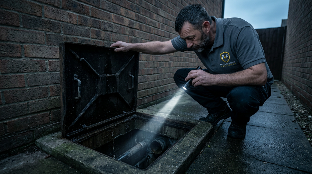 Pest & Property Solutions technician inspecting external drain for rodent entry points