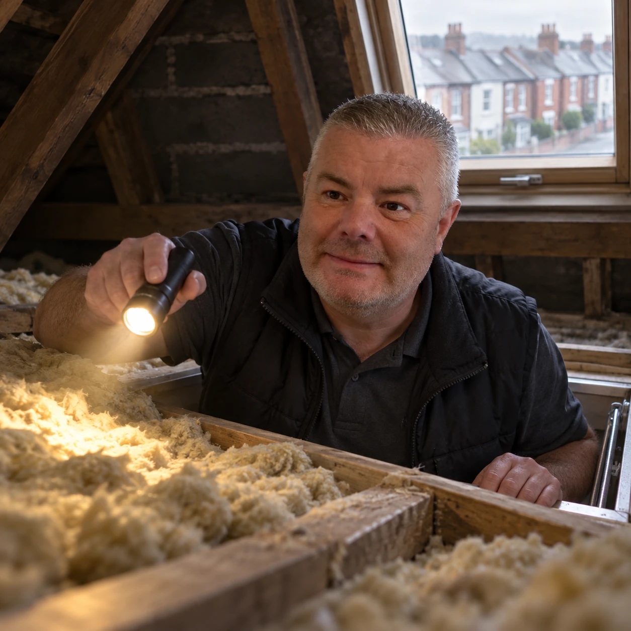 Pest control technician inspecting loft insulation with a torch during a rodent survey