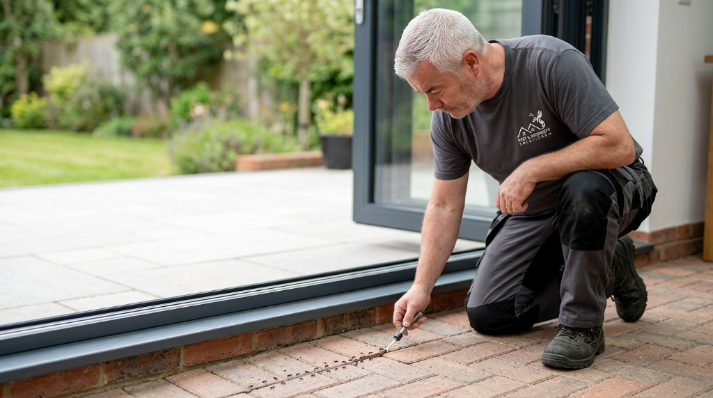 Pest & Property Solutions ant control, technician inspecting ant trails on brick patio in South Wales
