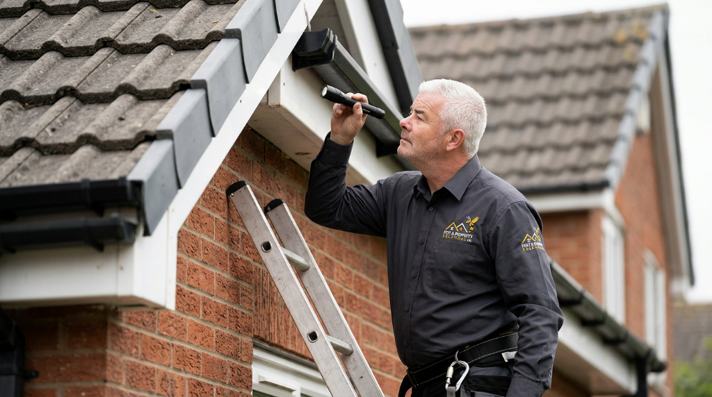 Pest control technician inspecting a roofline for wasp activity in summer