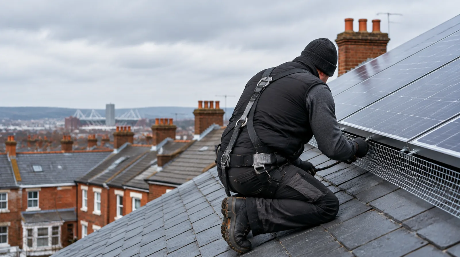 Fitting solar panel bird mesh on a South Wales roof