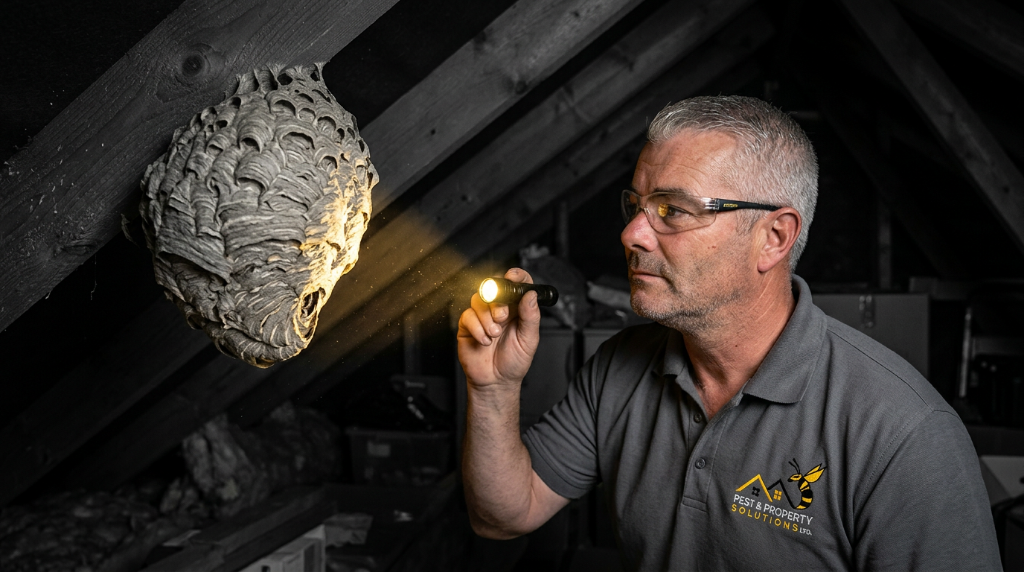 Pest & Property Solutions technician assessing a wasp nest in a UK residential loft