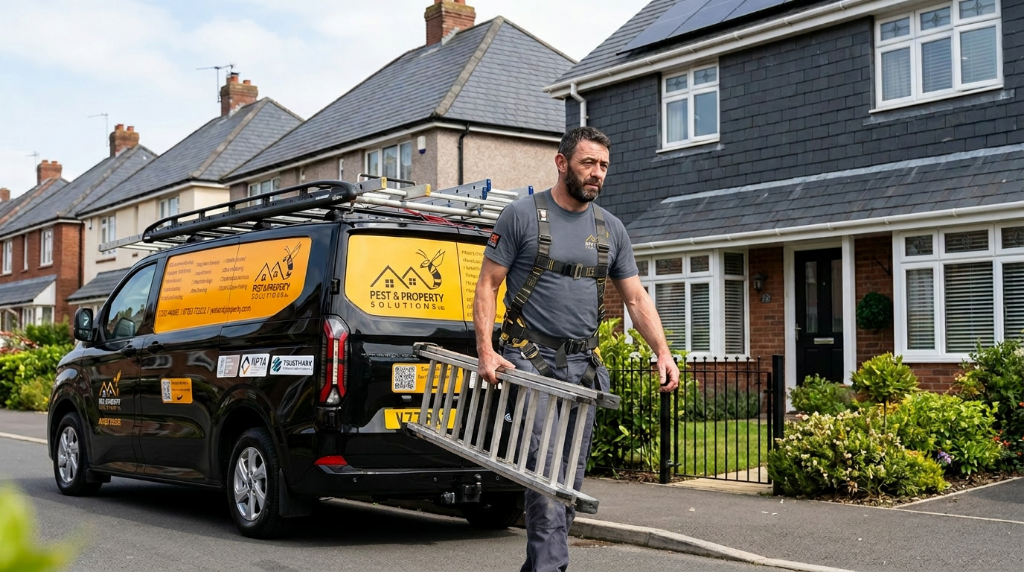 [Sion Jenkins on-site at a job in Cardiff, branded uniform]