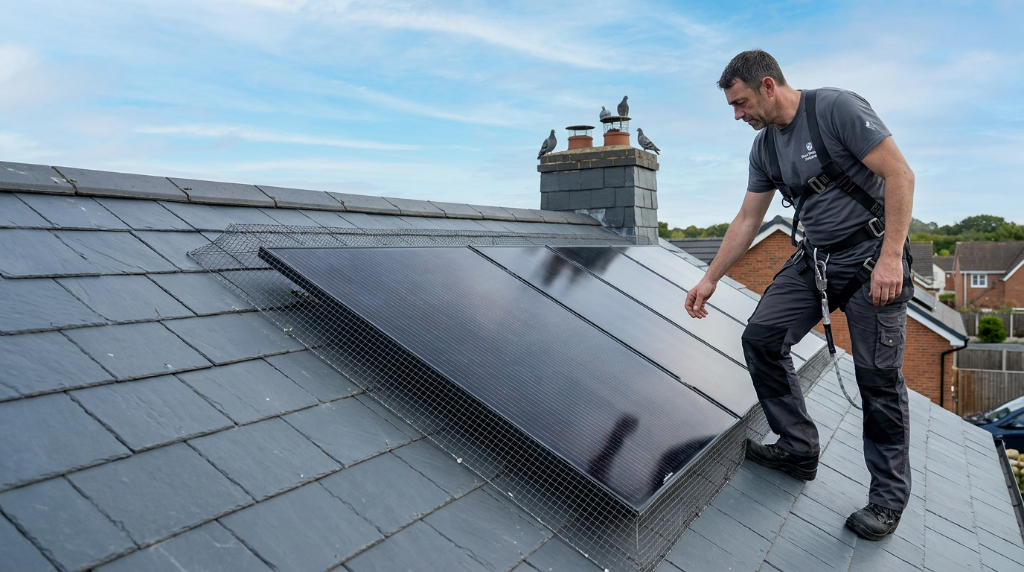 Pest & Property technician installing bird-proofing mesh around solar panels on a South Wales roof