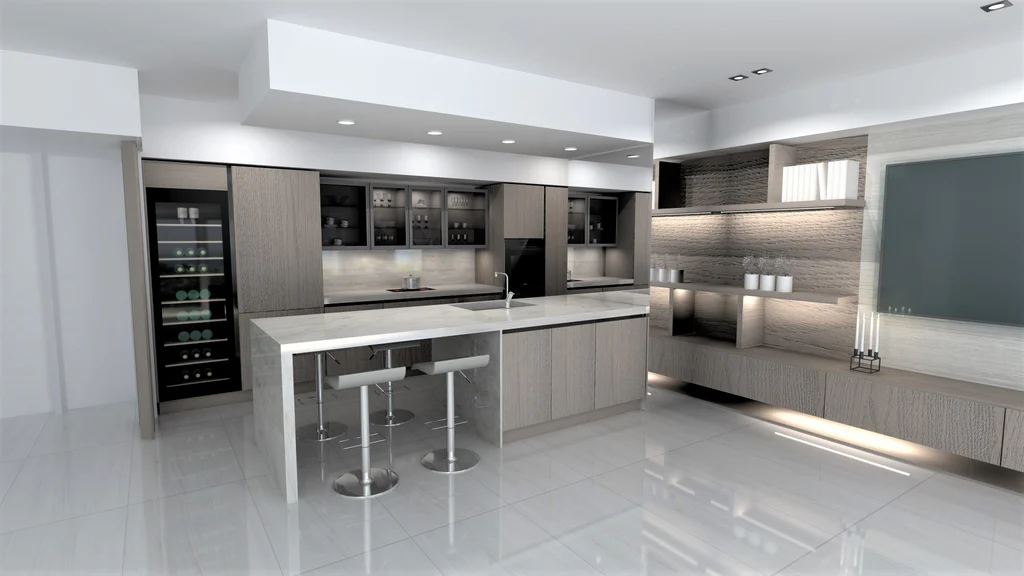Contemporary kitchen rendering with flat panel cabinetry, an island, and integrated appliances