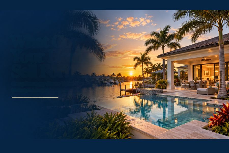 Luxury waterfront home at sunset