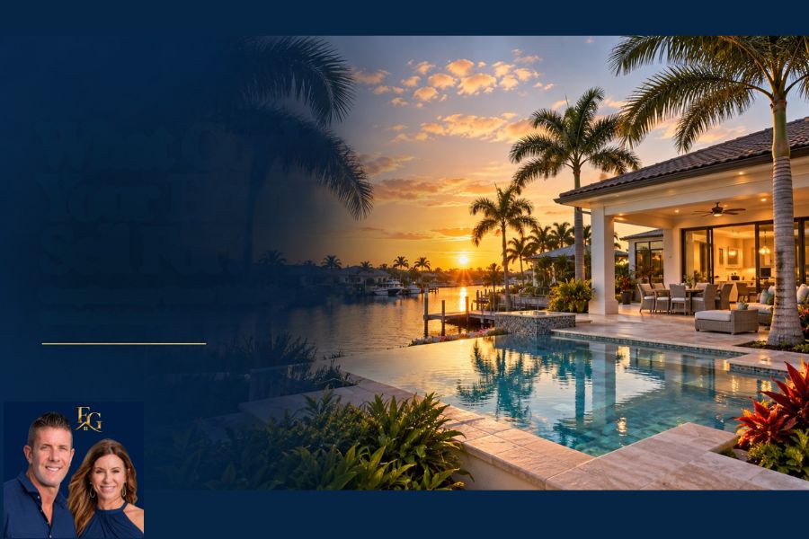 Luxury waterfront home at sunset