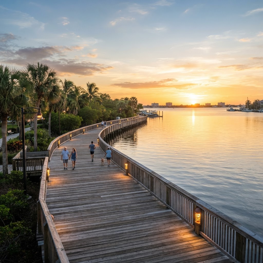 Morning walk along the Jaycee Park waterfront boardwalk