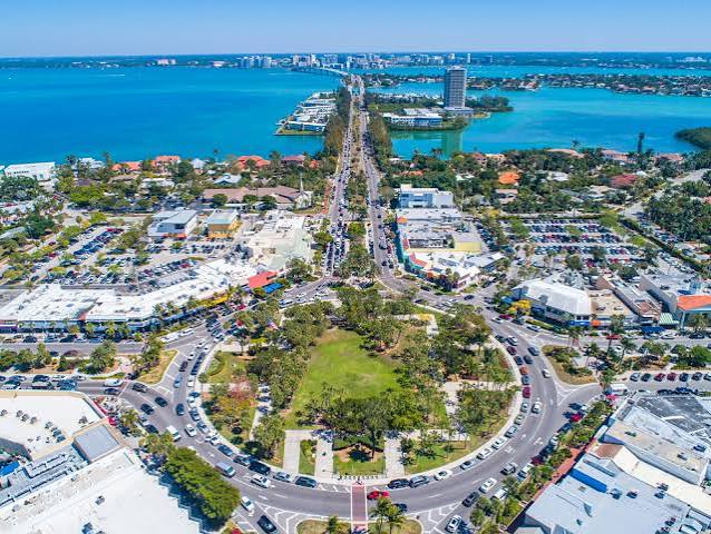 Aerial view of St. Armands Circle and Sarasota bay