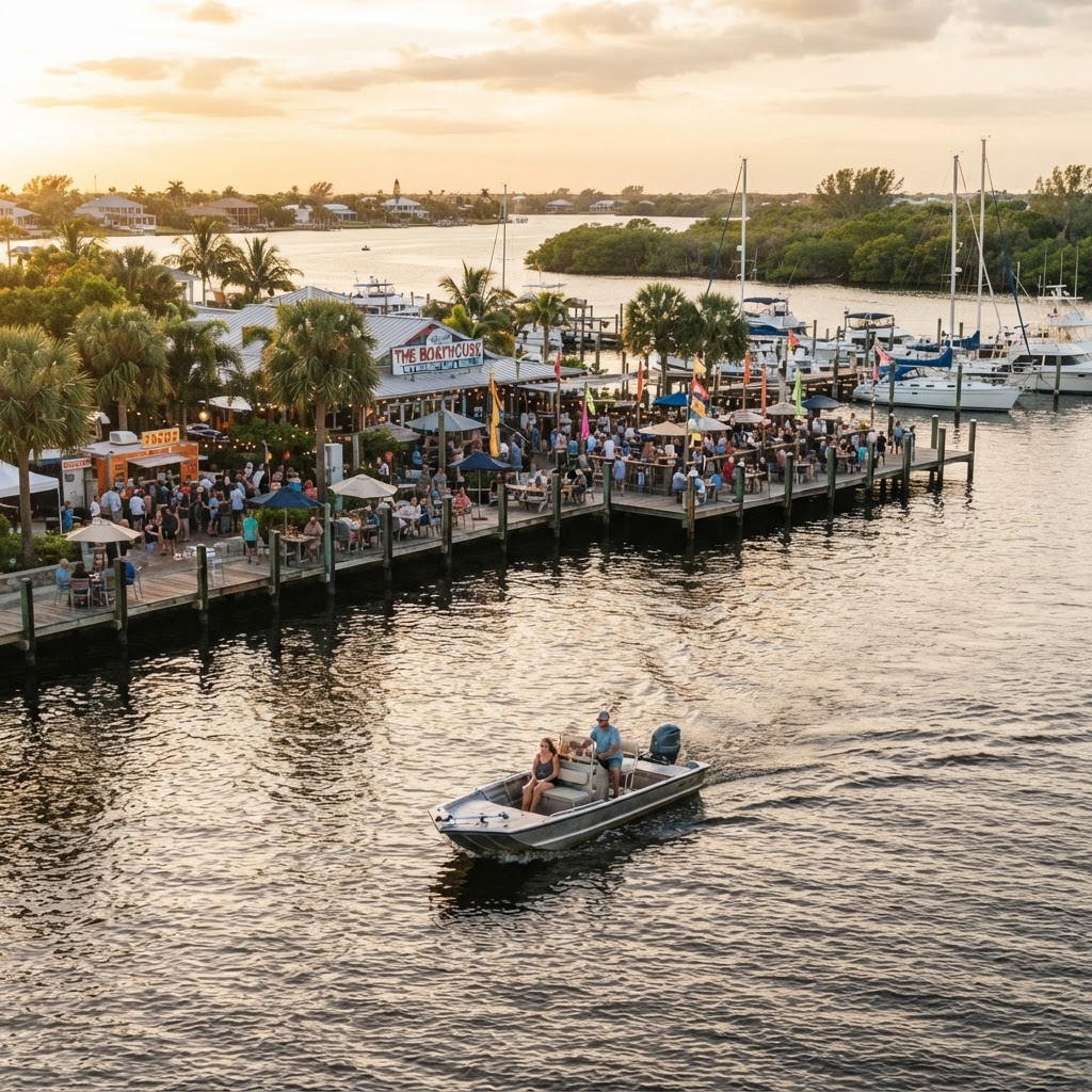 A boat arriving at a waterfront marina restaurant on the river