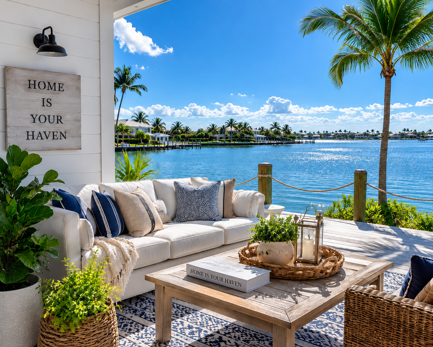 Sunrise Serenity — a covered waterfront patio with the Home Is Your Haven sign overlooking a tranquil bay