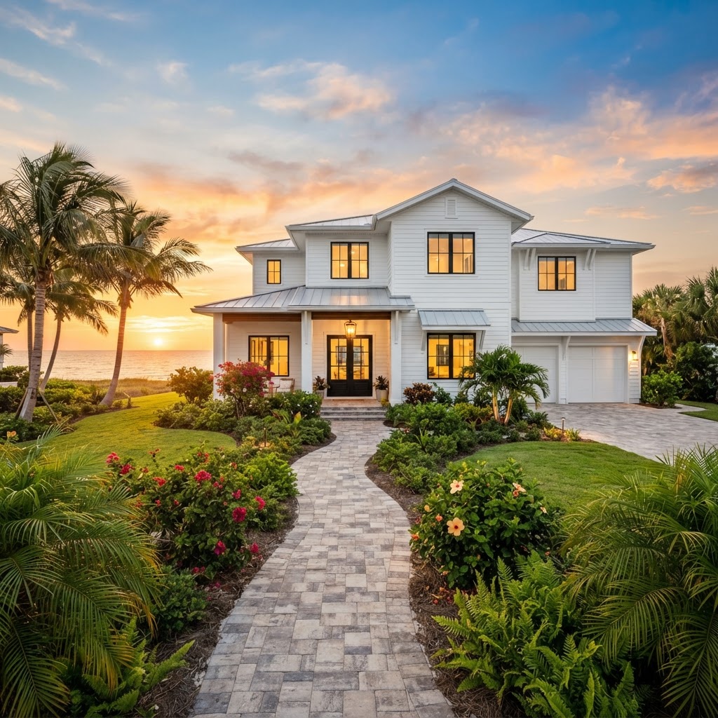 Coastal home at sunset