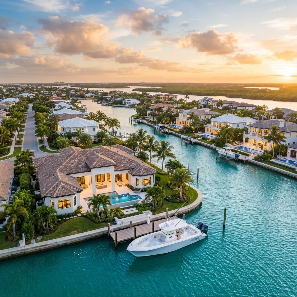 Waterfront homes along a Florida canal at sunset