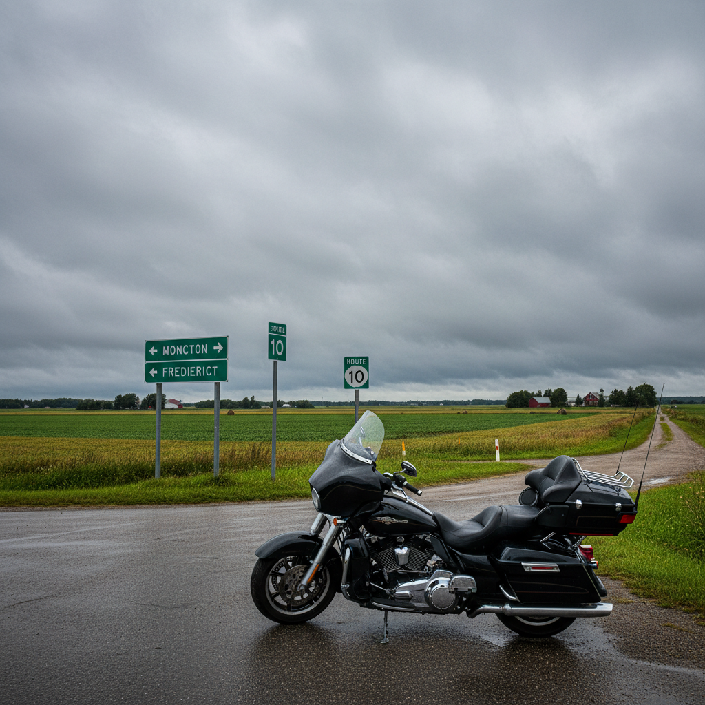 Touring motorcycle at New Brunswick crossroads