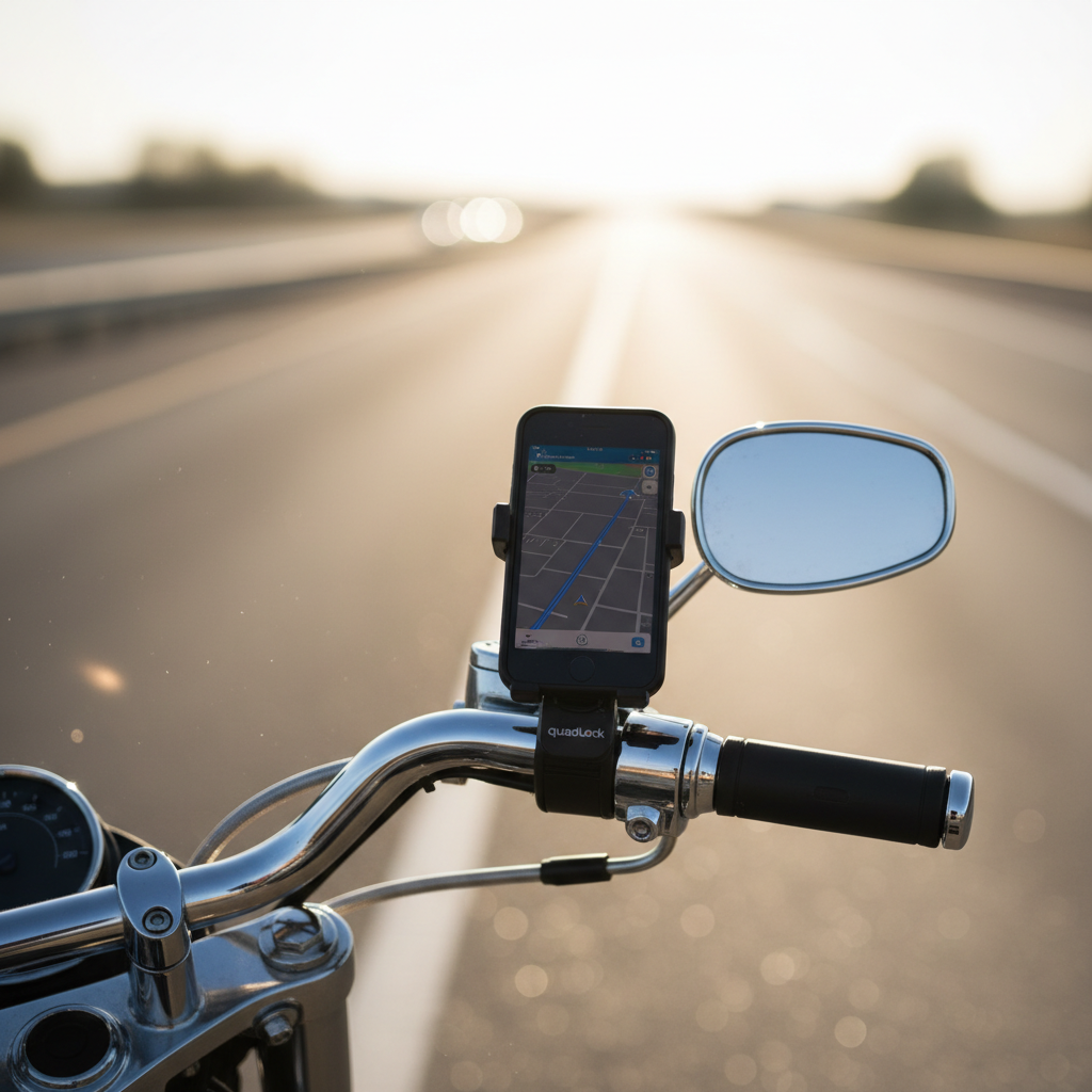 Quad Lock phone mount on motorcycle handlebar