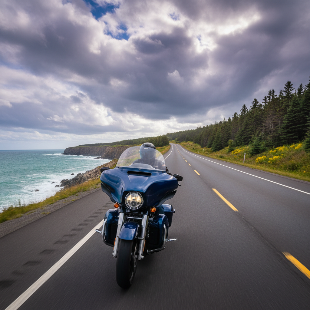 Motorcycle touring open road Atlantic Canada