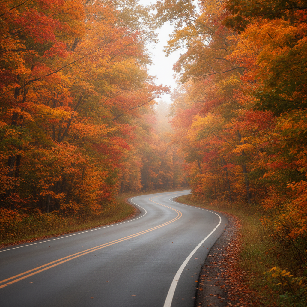 Forested winding road New Brunswick autumn