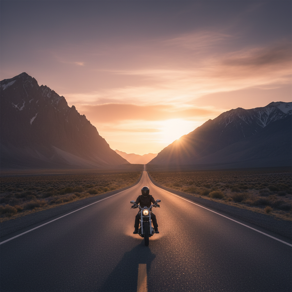 Solo motorcycle rider empty highway mountains