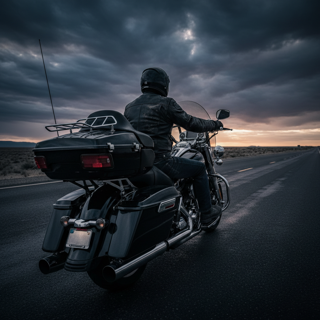 Motorcycle rider on open highway from behind