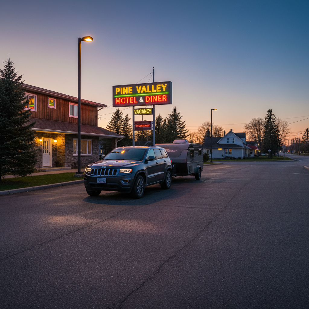 Jeep Grand Cherokee with motorcycle trailer parked overnight in Bathurst during the road trip