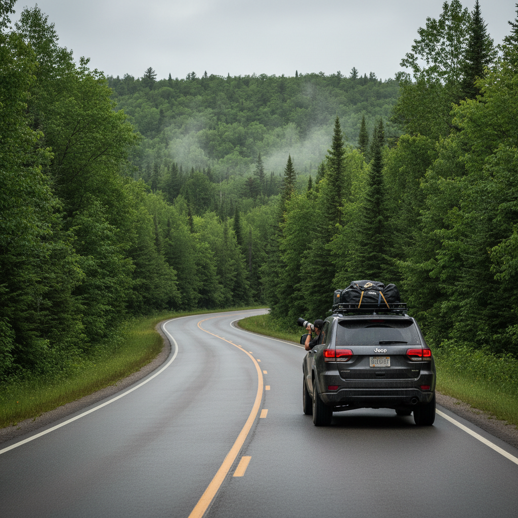 2014 Jeep Grand Cherokee on a scenic New Brunswick highway heading to Quebec