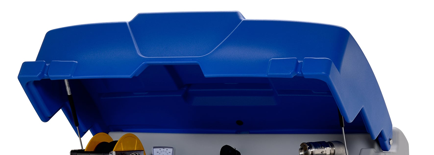 Blauw scharnierend deksel, met gasveren en
