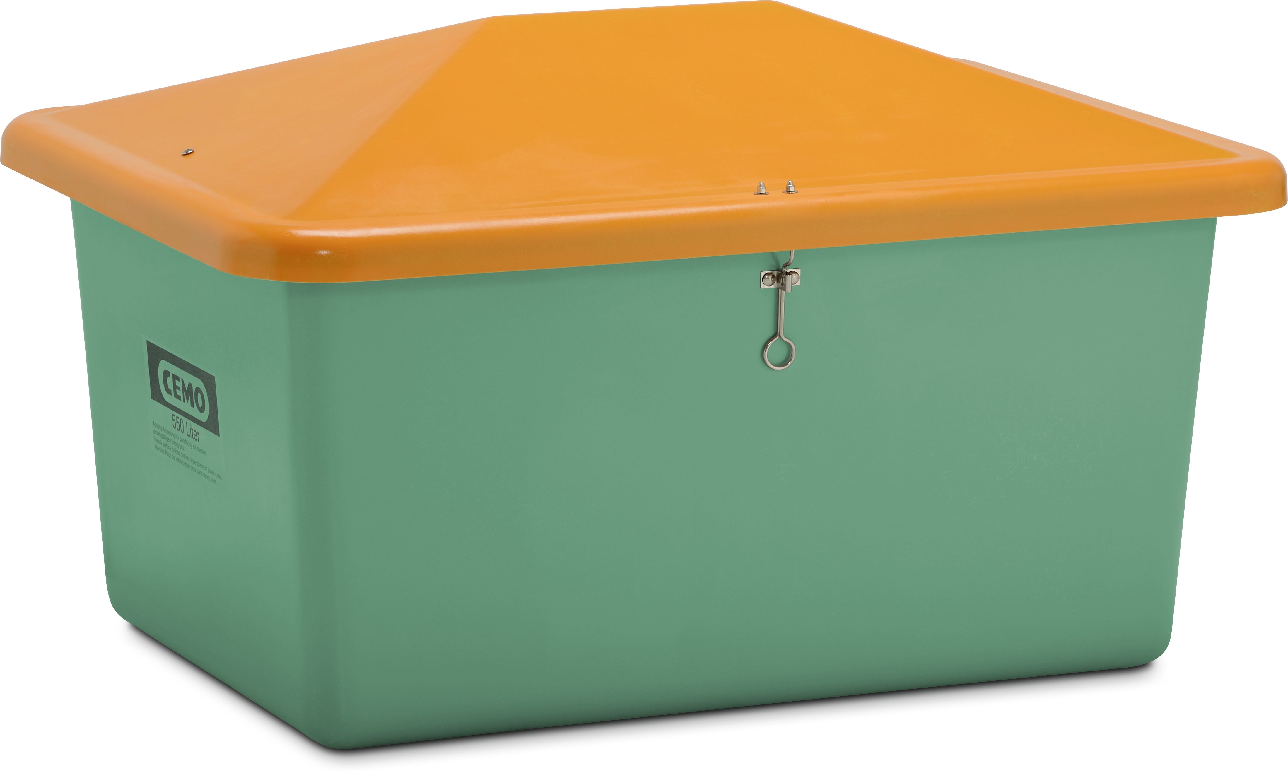 GRP Grit container"V"with anti-vandalism lid 550 L, green/orange, without chute