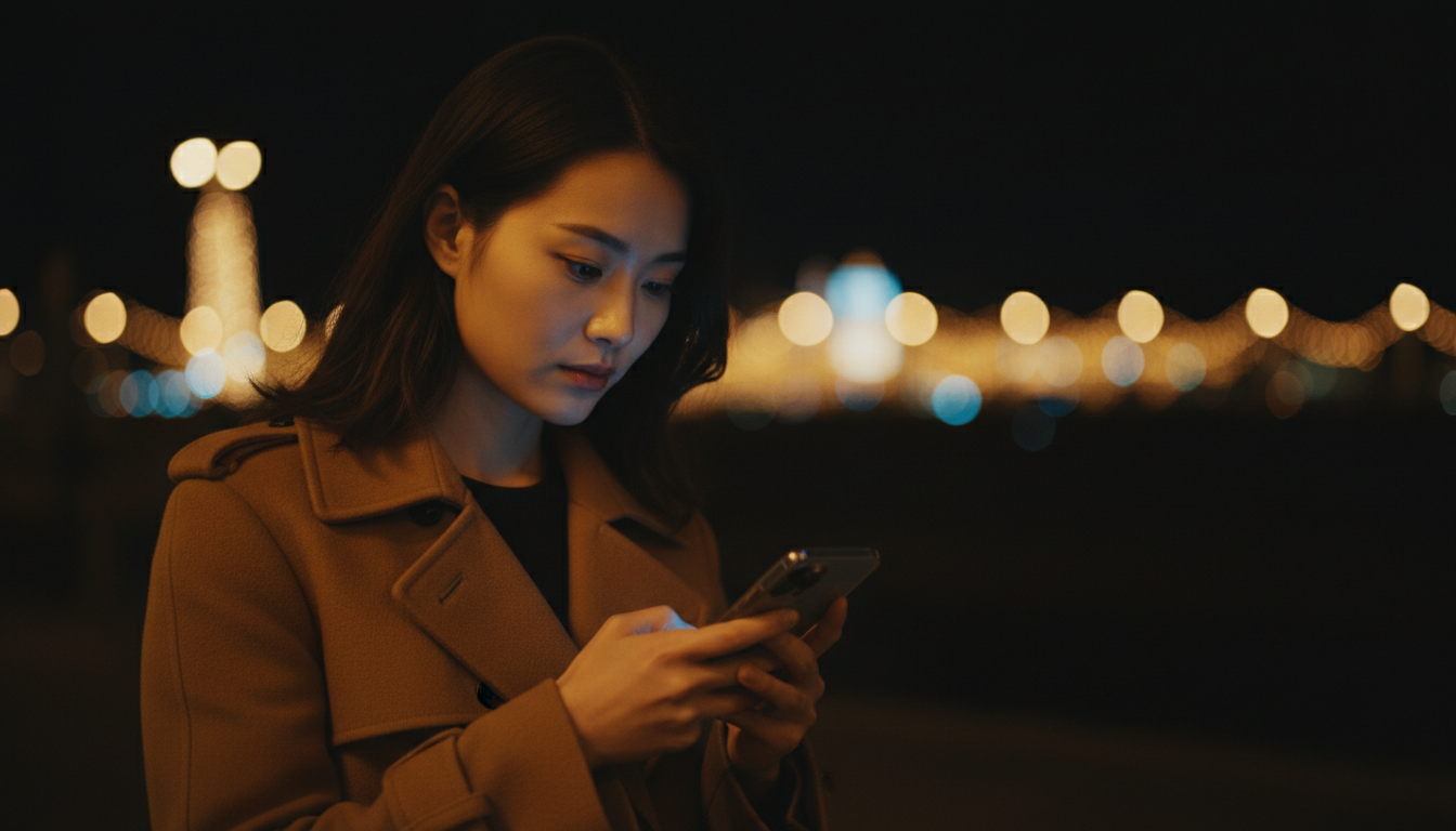 Person looking at smartphone with soft bokeh lights