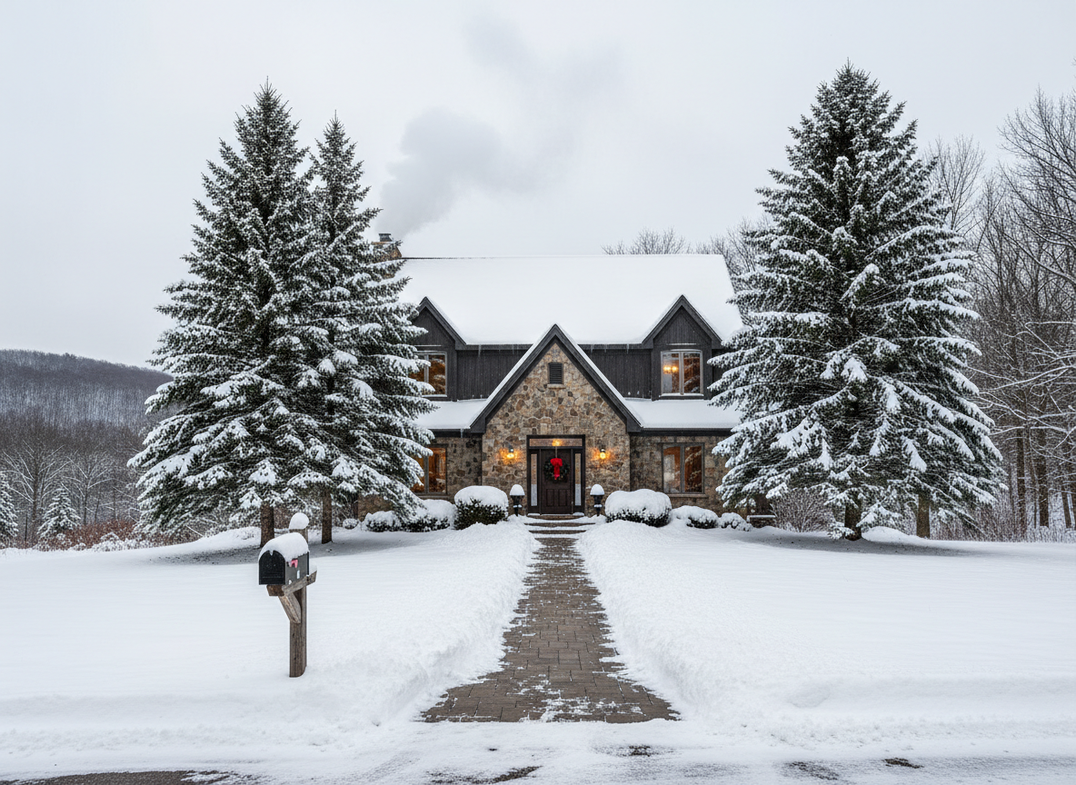 Wisconsin property in winter, warm and inviting with snow-covered yard