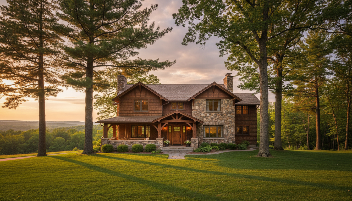 Well-maintained Wisconsin residential property surrounded by mature trees at golden hour