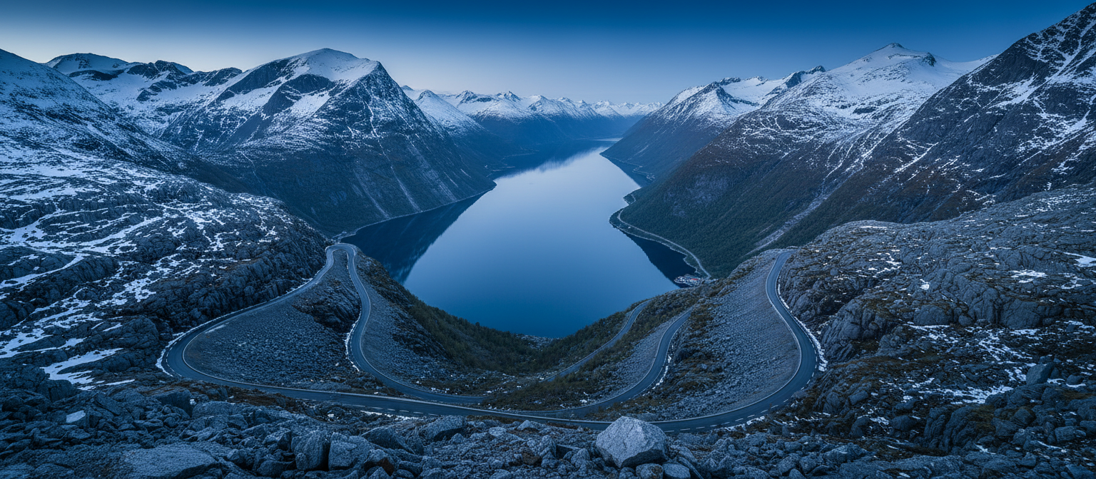 Norwegian mountain road during blue hour